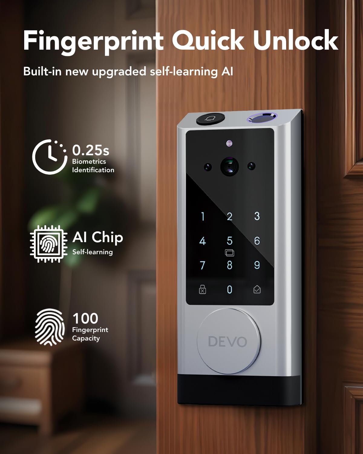 Devo G1 Video Smart Lock with Camera&Doorbell, 6-in-1 Keyless Entry Door Lock Deadbolt with Handle Set, App Remote, Fingerprint ID, Auto Locks, Built-in Wi-Fi Smart Deadbolt for Front Door