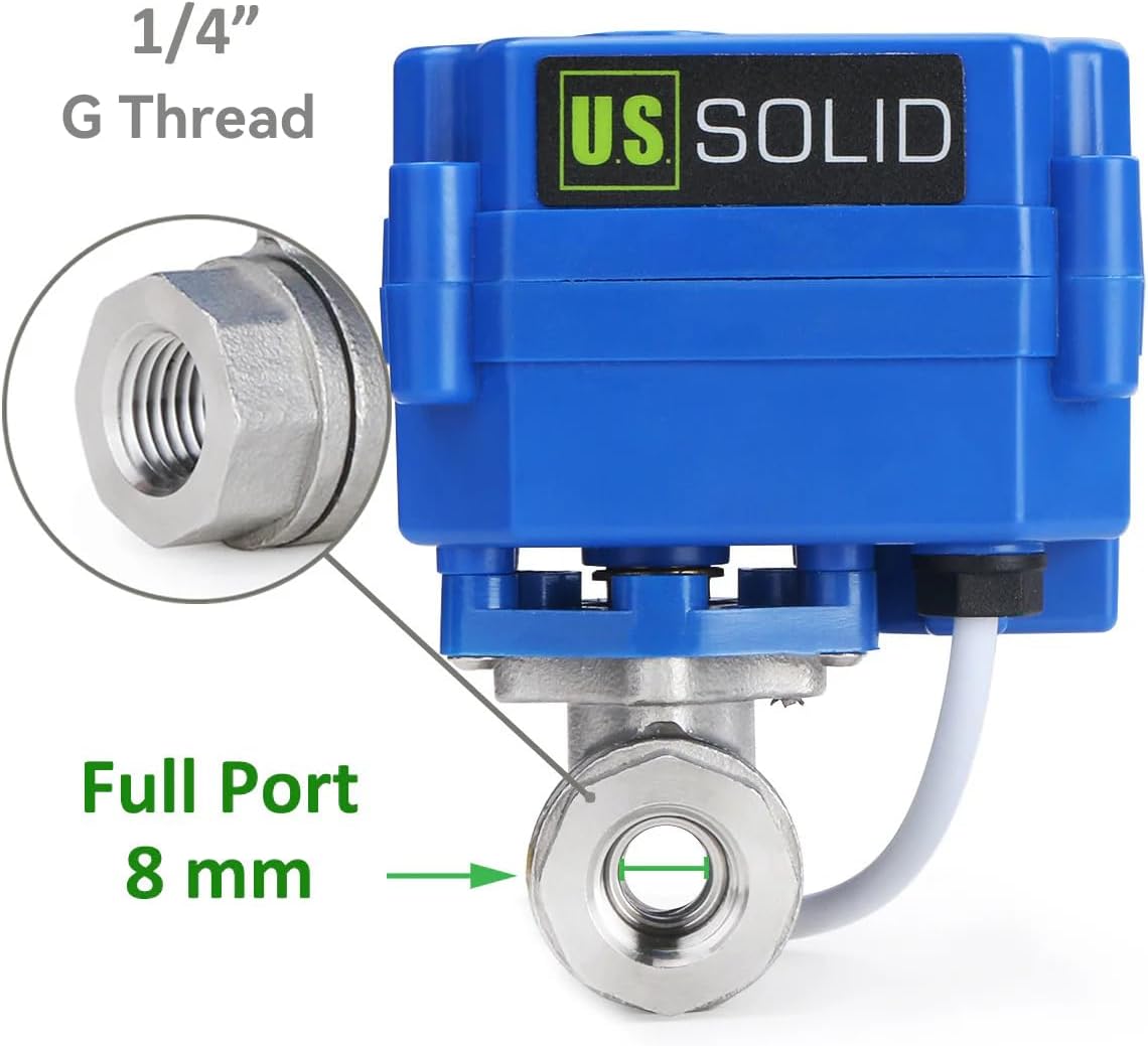 U.S. Solid Motorized Ball Valve- 1/4" Stainless Steel Ball Valve with Full Port, 9-24V AC/DC and 2 Wire Auto Return Setup