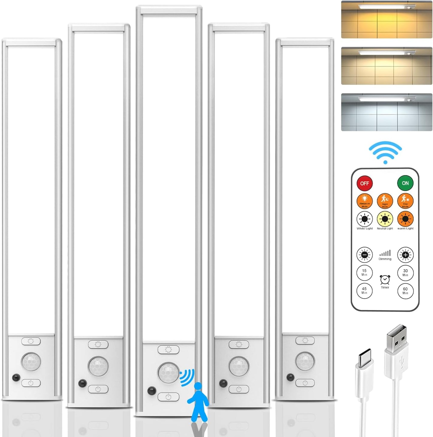 Under Cabinet Lights Wireless,Motion Sensor Light Indoor Closet Lights with Remote Control,3 Color Temps,LED Rechargeable Battery Operated,Under Counter Lights for Kitchen,Wardrobe,Stairs,5 Pack