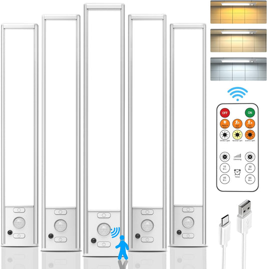 Under Cabinet Lights Wireless,Motion Sensor Light Indoor Closet Lights with Remote Control,3 Color Temps,LED Rechargeable Battery Operated,Under Counter Lights for Kitchen,Wardrobe,Stairs,5 Pack