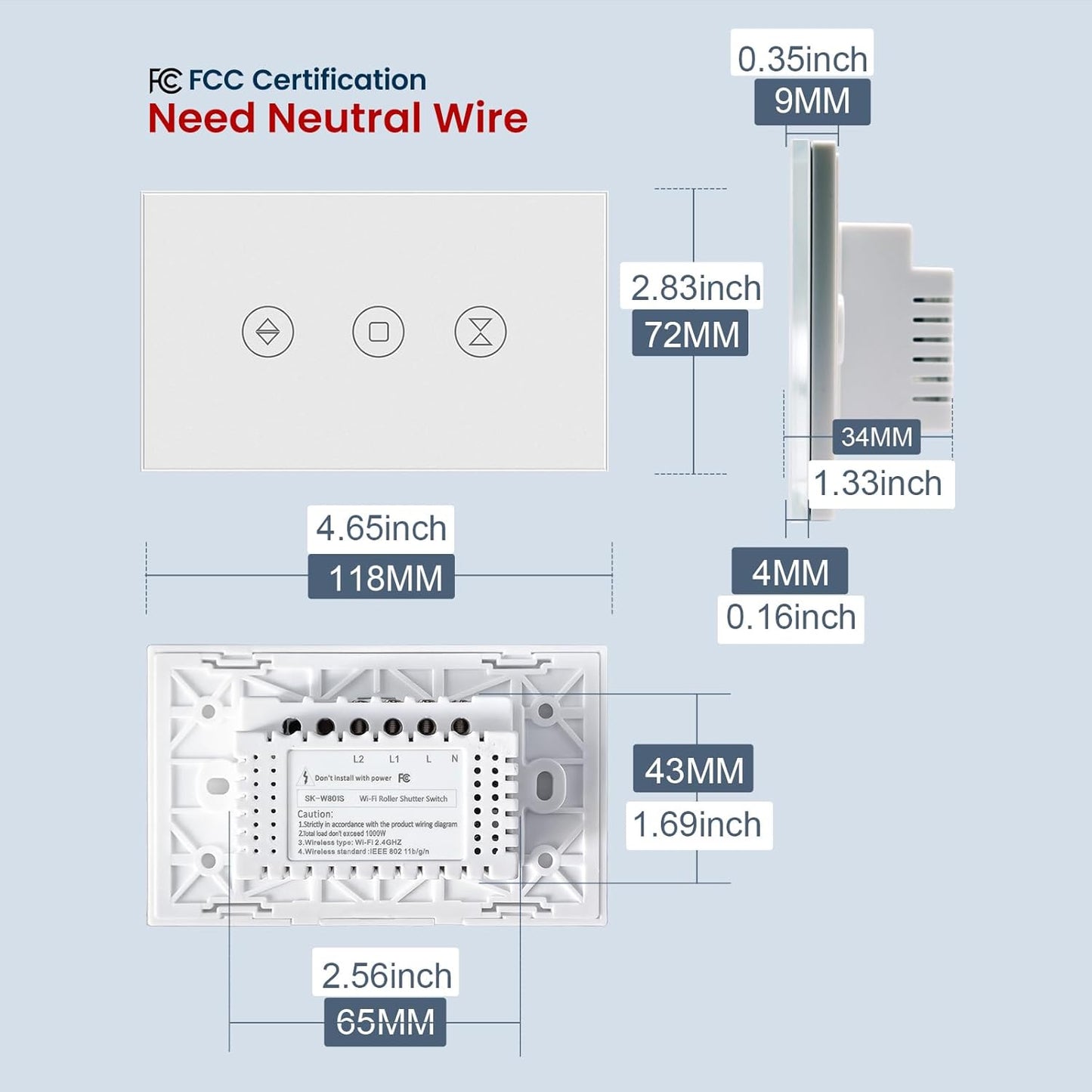 Smart Roller Shutter Switch 118X72X34MM Need Neutral Wire,2.4GHz WiFi Roller Shutter Switch, Tempered Glass Panel, Compatible with Alexa and Smart Life, White WiFi-Roller Shutter