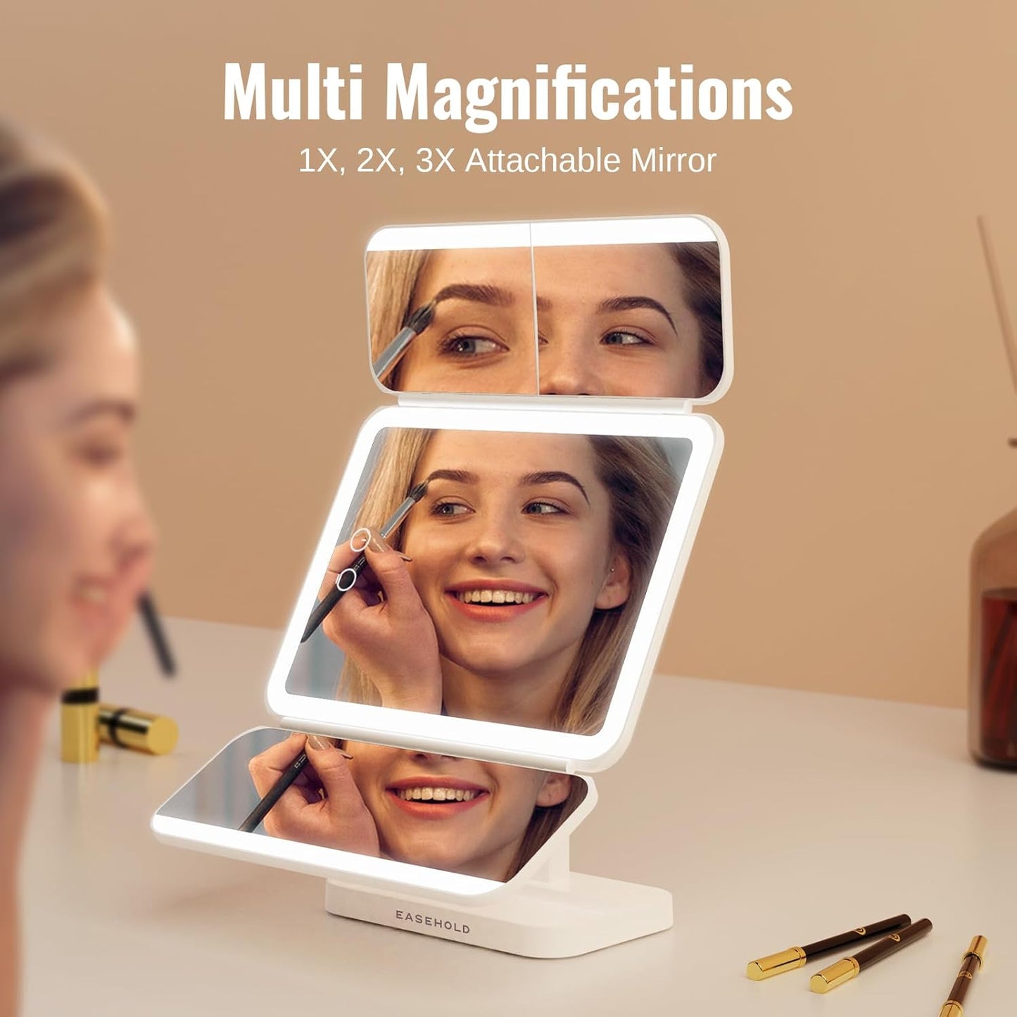 EASEHOLD Makeup Mirror with Lights, Rechargable Lighted Vanity Mirror with 116 LEDs, 1X/2X/3X Magnifying, 3-Color Mirror with LED Lights,5000 mAh Lighted Makeup Mirror, Adjustable Brightness/Angle