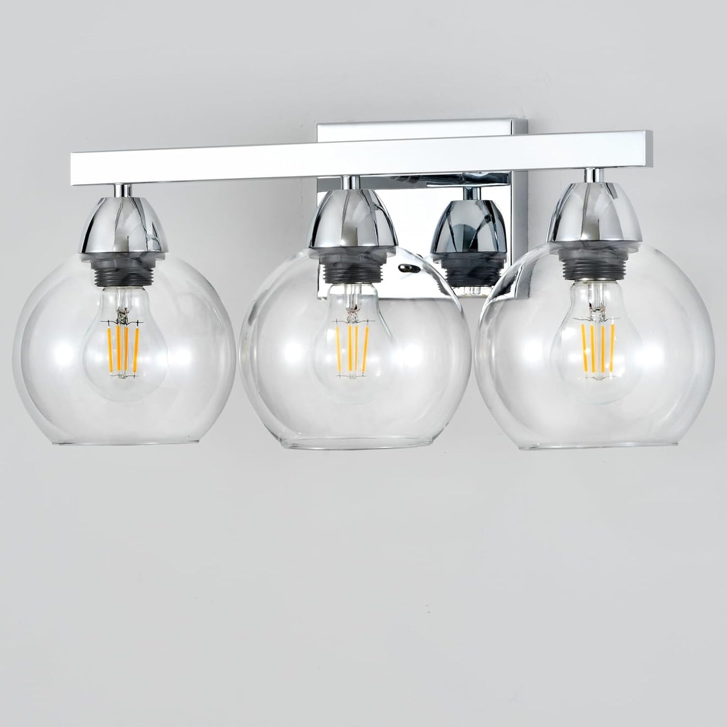 Bathroom Light Fixtures, 3-Light Silver Vanity Light with Hand-Blown Thick Glass Shades, High Transparency & Few Flaws, Wall Sconce for Mirror, Kitchen, Bedroom