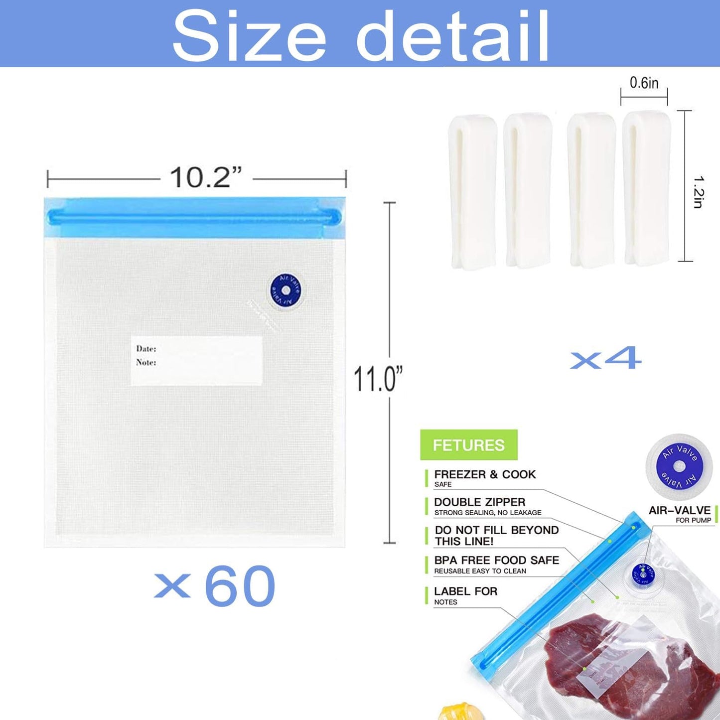 Sous Vide Bags 60pcs Reusable Vacuum Sealer Bags with 4 Sealing Clips, Reusable Vacuum bags for Food Storage and Sous Vide Cooking (10.2x11 Inch)