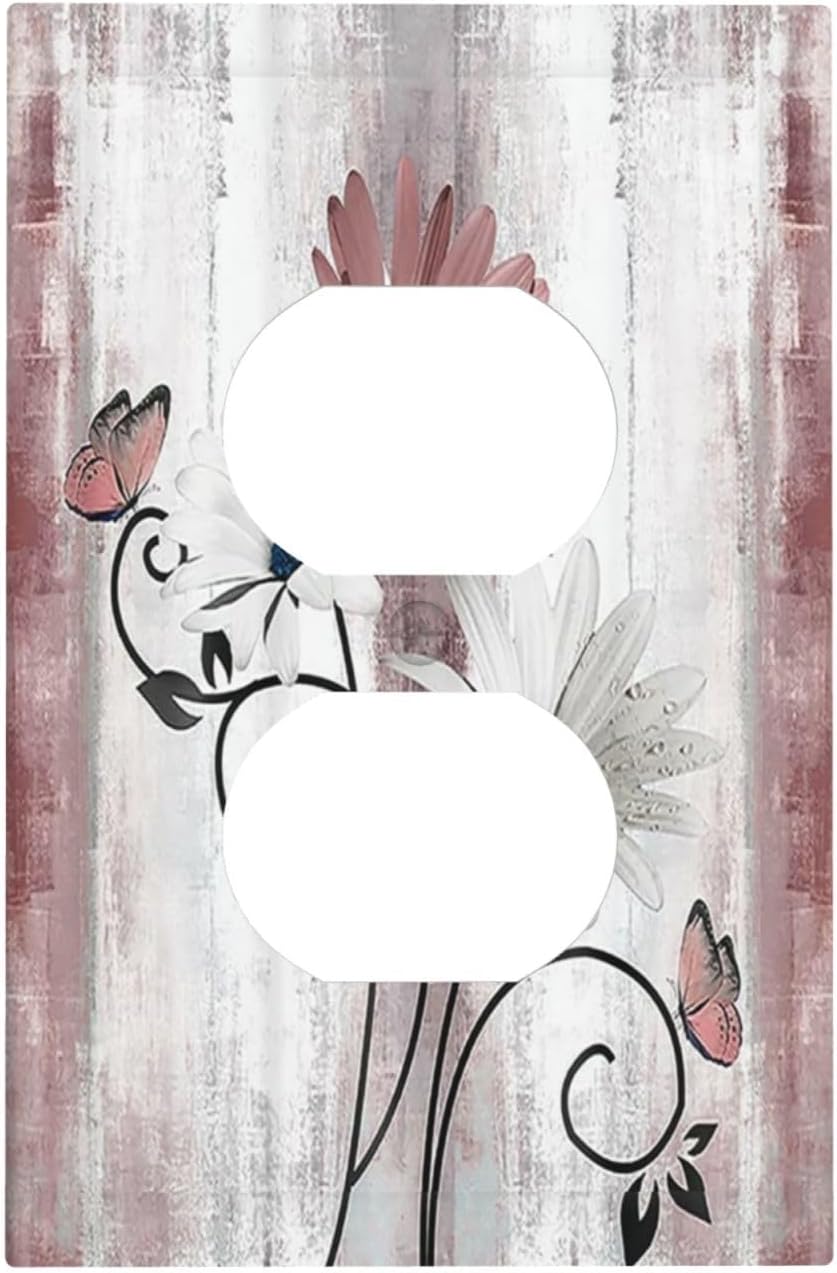 Outlet Covers Pink White Daisy Butterfly Wood Grain 1 Gang Duplex Wall Plate Decorative Switch Plates Electrical Receptacle Faceplate Light Switch Cover for Farmhouse Bathroom Decor