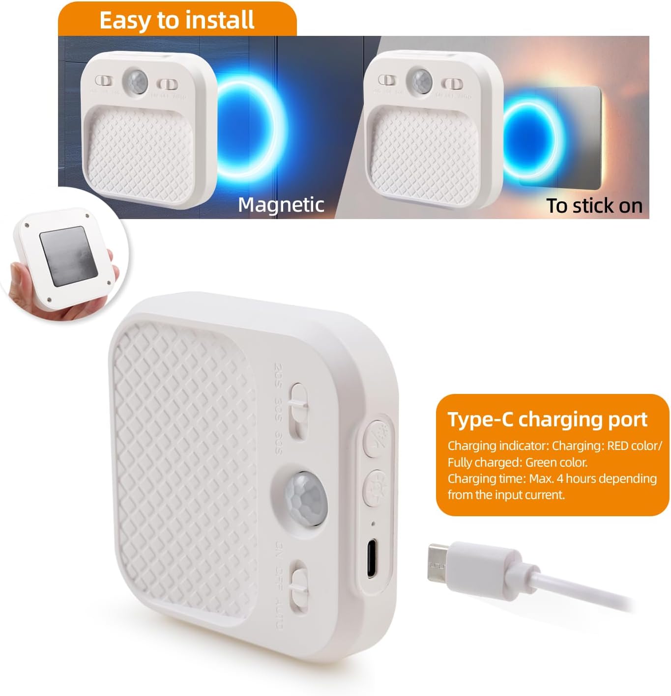 DAMI Led Night Light with Motion Detector 2 Pack, Cabinet Light Dimmable with Timer Function, Staircase Lighting RGBW, Hallway Light Rechargeable 600mAh for Children's Room