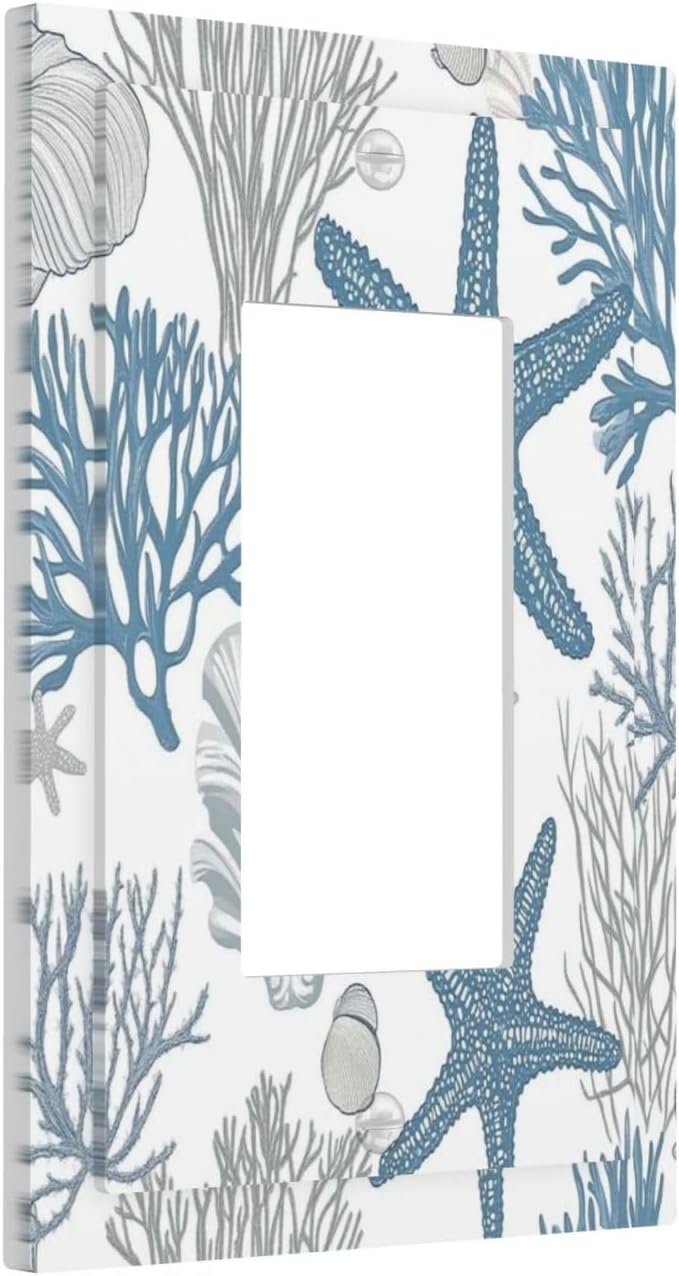 Blue Starfish Nautical Beach Conch Coastal Coral Shell Decorative Outlet Covers 1 Gang Single Rocker Light Switch Cover Plate Wall Plates Gfci Faceplate For Kids Room Bathroom Decor