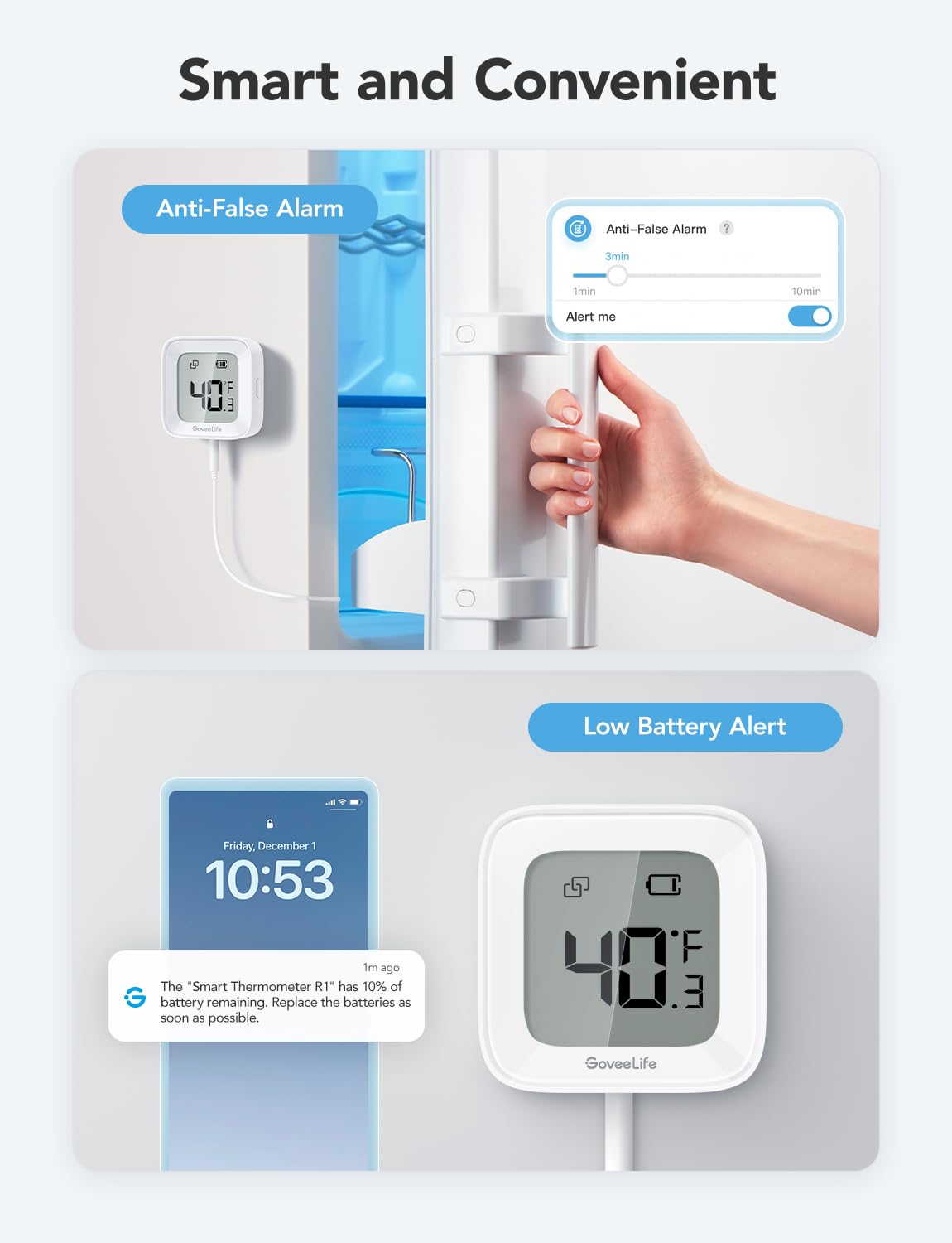 GoveeLife Freezer Thermometer Alarm, Smart Bluetooth Temperature Monitor Sensor for Refrigerator, 197 Ft Connecting Range APP Alert with Anti-False for Freezer (WiFi Gateway Not Included)