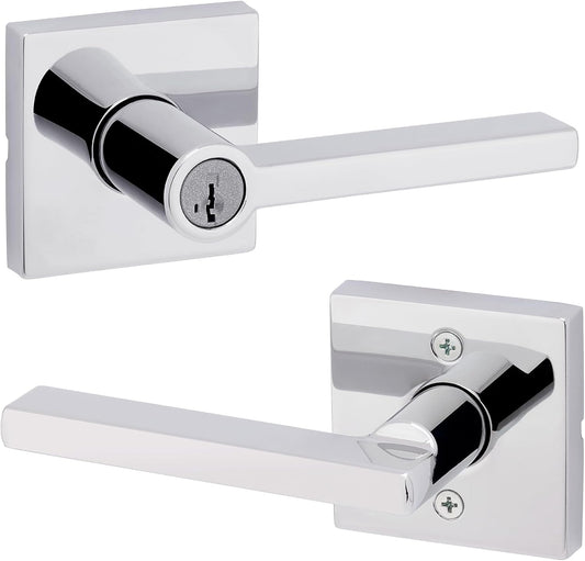 Kwikset Halifax Keyed Storeroom Entry Door Handle with Lock and Key, Secure Keyed Reversible Lever Exterior, for Front Entrance and Bedrooms, Polished Chrome, Pick Resistant Smartkey Rekey Security