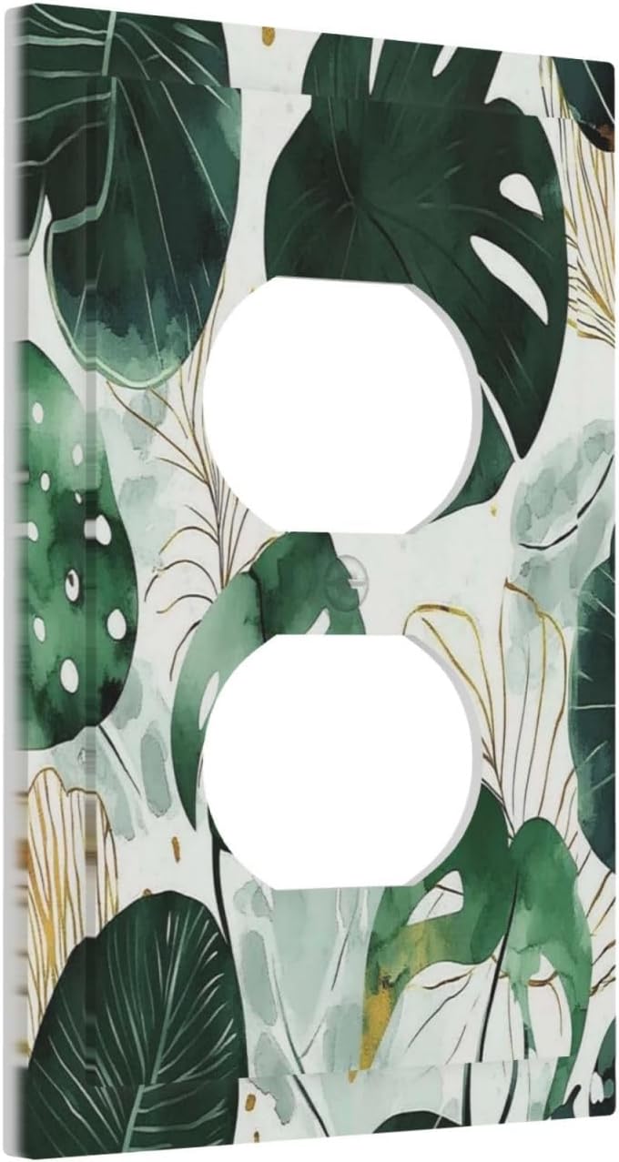Boho Tropical Green Leaf Watercolor Banana Leaves Outlet Covers 1 Gang Duplex Light Switch Cover Decorative Switch Plates Electrical Receptacle Faceplate Wall Plate For Bed Room Living Room Decor