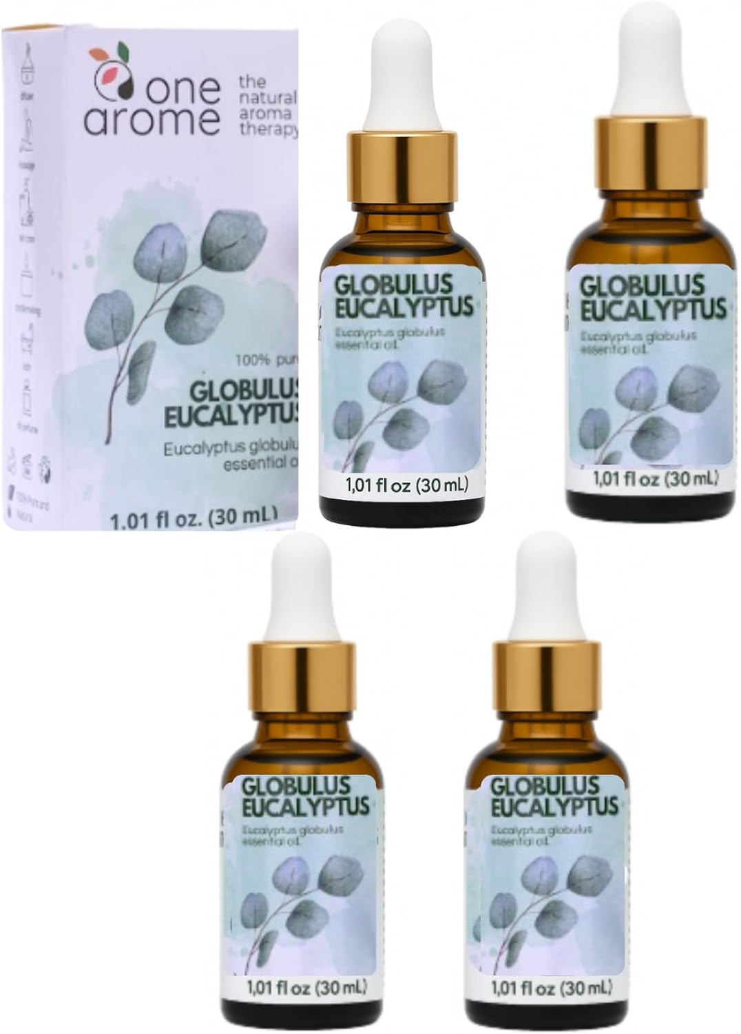 Eucalyptus Globulus Essential Oil by One Arome – Pure, Undiluted & Steam-Distilled Herbal Aroma for Diffusers for Home, Massage (Dilute), Cleaning & Linen Refresh (Pack of 4/1.0 Fl Oz)