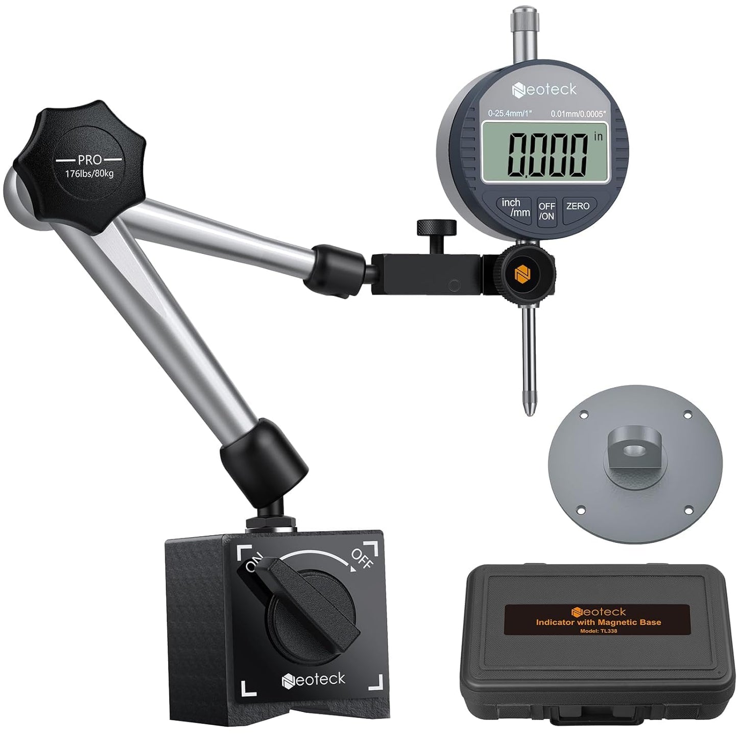 Neoteck Digital Dial Indicator Gauge and Magnetic Base Set with Storage Case 0-1 inch/ 25.4mm, 0.0005inch/0.01mm Inch/Metric Conversion Measuring Tool for 3D Printer Lathe Workshop Woodworking-Silver