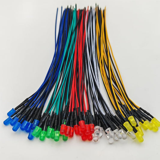50pcs 5mm Red, Yellow, Green, Blue, White LED Lights, 12VDC Prewired 7.8 Inch V LED Light Diffused Lens