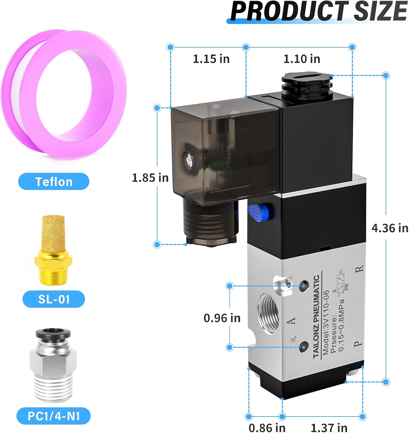 TAILONZ PNEUMATIC 1/8"NPT Solenoid Valve 3V110-06 DC12V Single Coil Pilot-Operated Electric 2 Position 3 Way Connection Type (Junction Box)