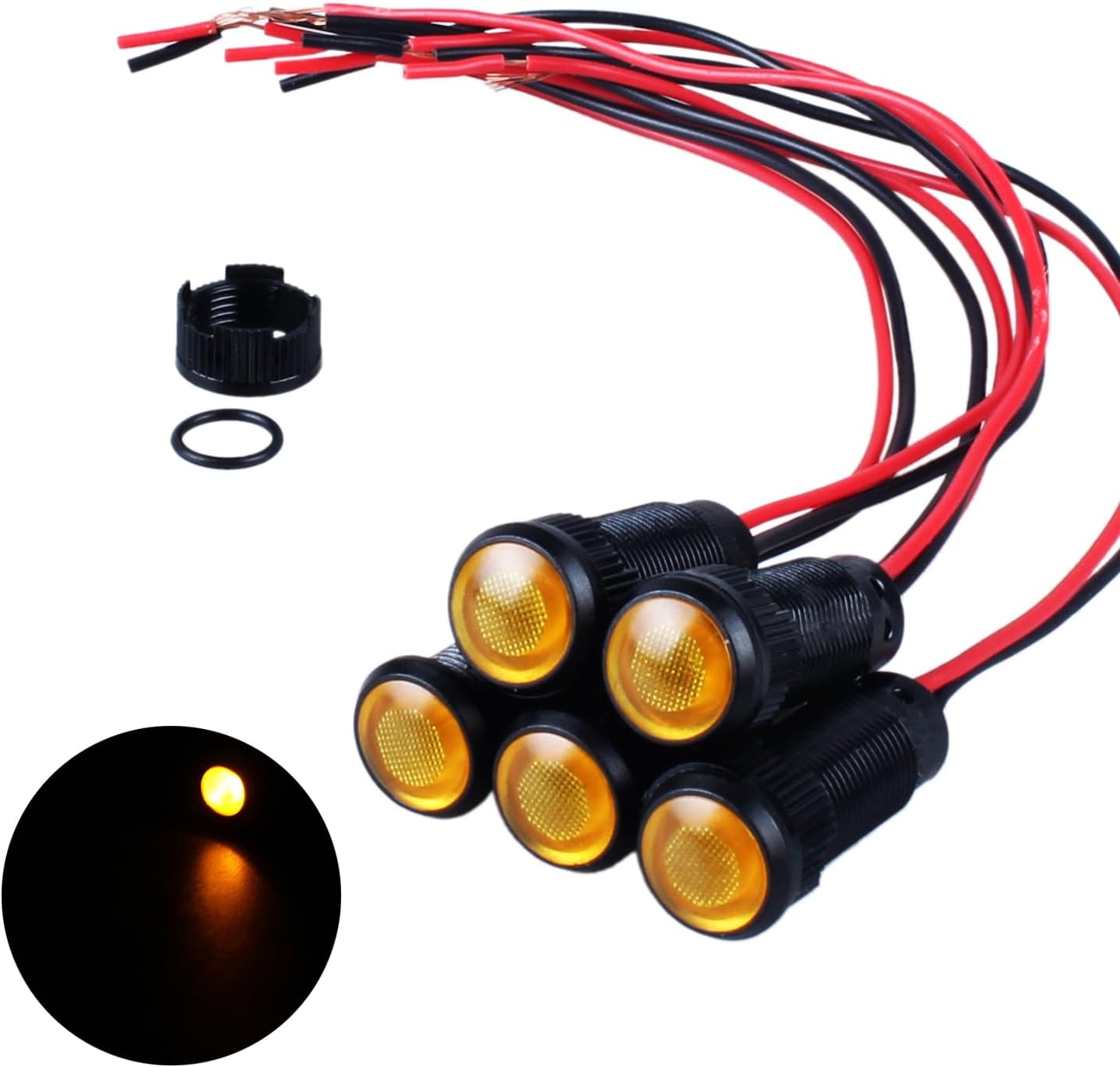 5pcs 10mm LED Indicator Light Plastic Black Signal Dot Lamp 110-220VAC 2/5" Mounting Hole Size with 15cm/5.9in. Wire (Yellow LED)