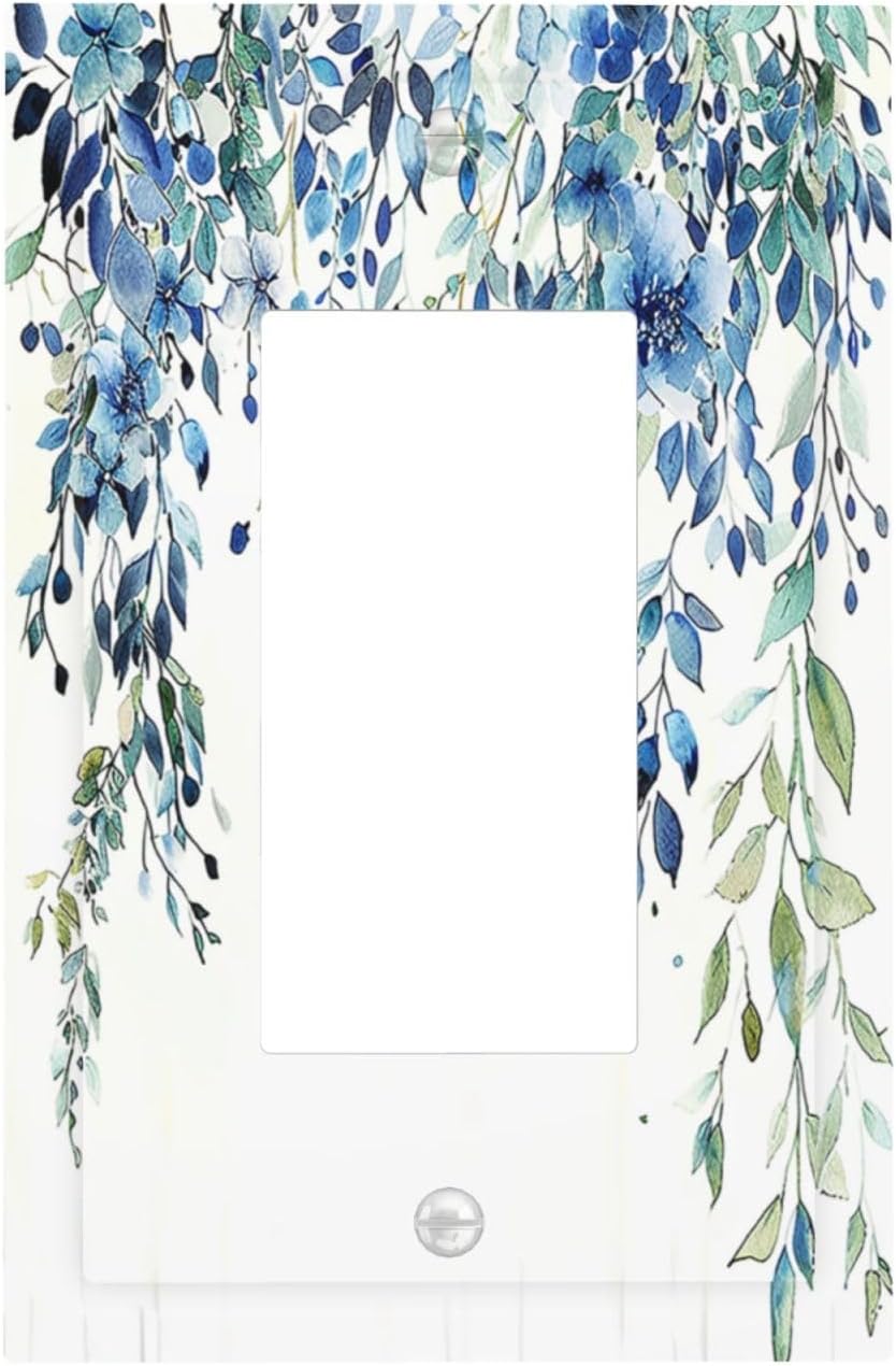 Decorative Outlet Covers Boho Vintage Flowers Blue Green Sage 1 Gang Single Rocker Light Switch Cover Plate Wall Plates GFCI Faceplate for Bedroom Farmhouse Decor