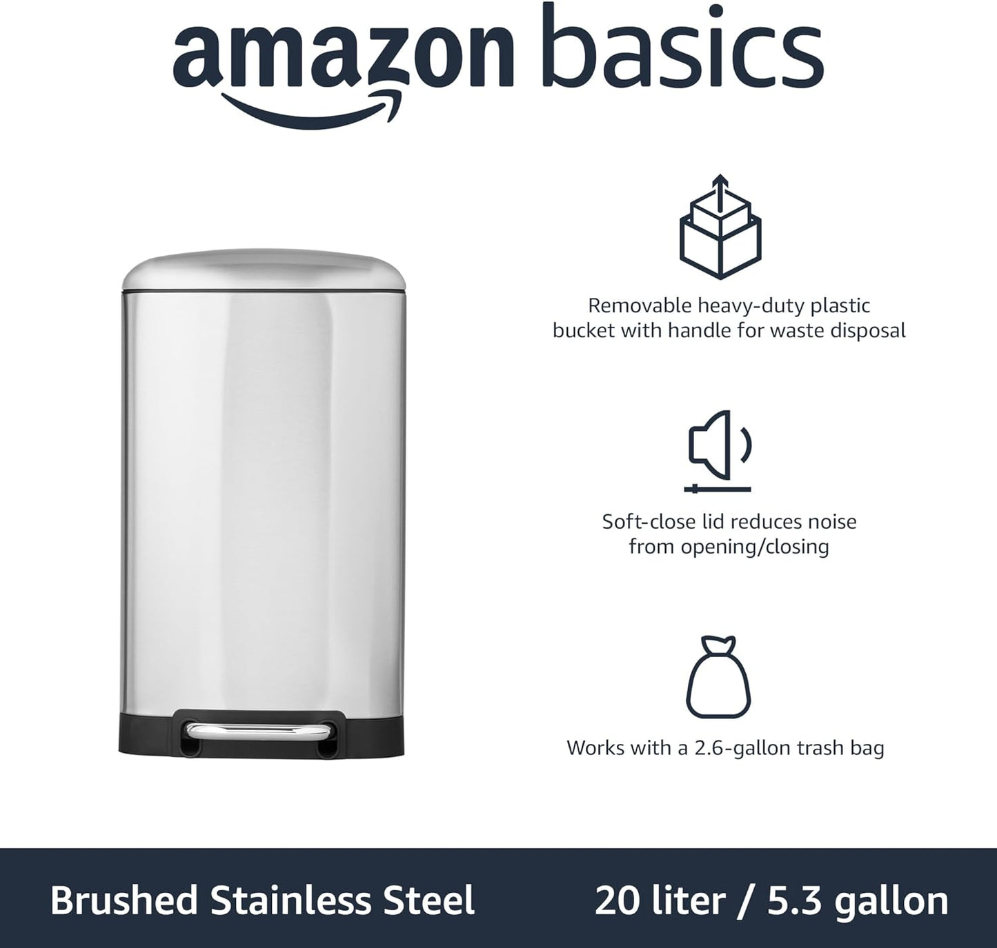 Amazon Basics Rectangular Small Trash Can with Lid and Soft-Close Foot Pedal for Bathroom, Bedroom, Living Room, Office, Smudge Resistant, 20l / 5.3 gallon, Nickel