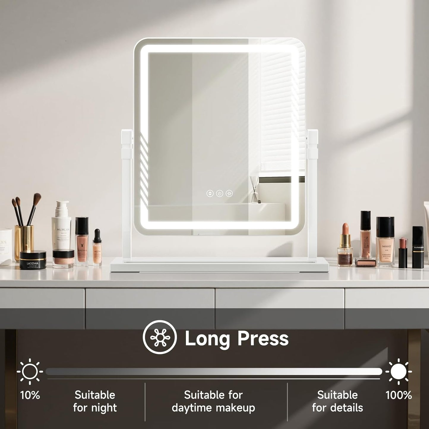 Vanity Mirror with Lights, Height-Adjustable & 360° Rotation, 1/10X Magnification, Three Color Lighting Modes, Makeup Mirror Smart Touch Control, Large Vanity Desk Mirror (17.5in,White)