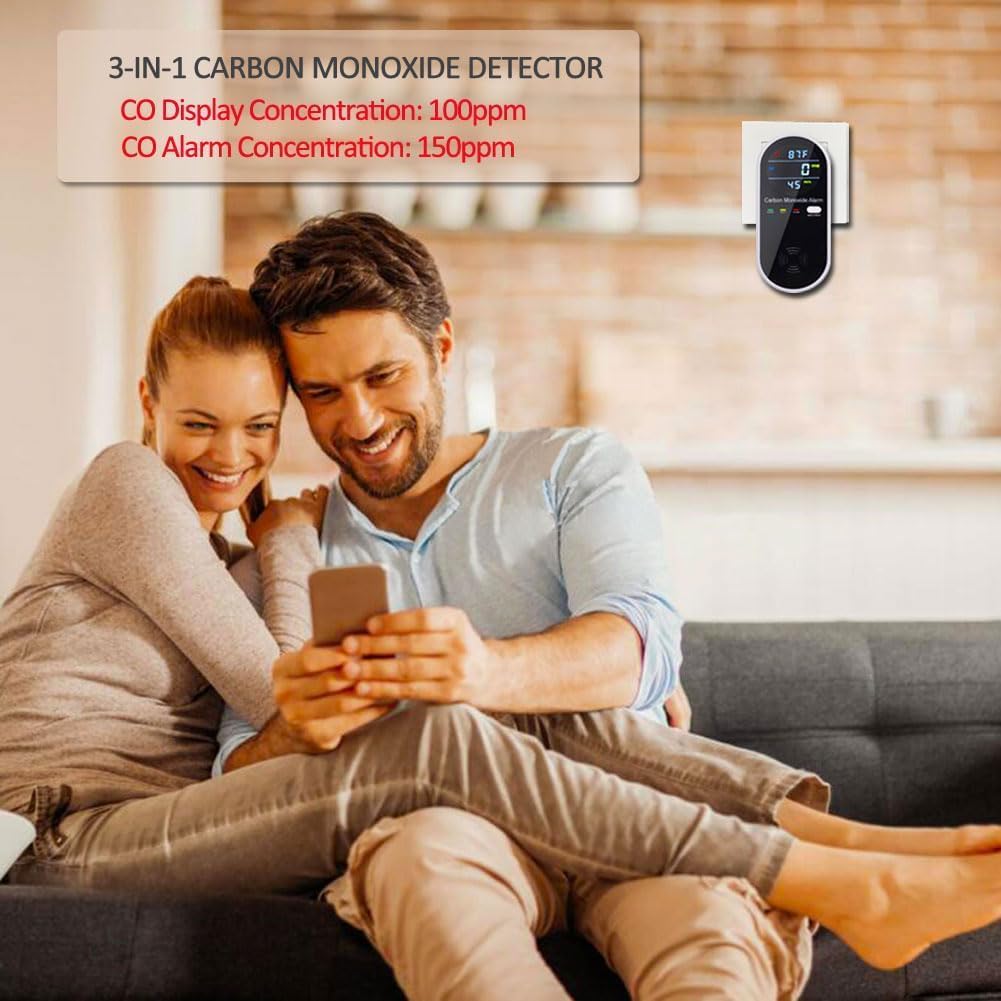 Carbon Monoxide Detectors, Plug in Type CO Alarm Monitor with Clear LCD Display, 3-in-1 Carbon Monoxide Detector (CO, Temperature and Humidity Display), Easy to Read & Install, KH106, Black