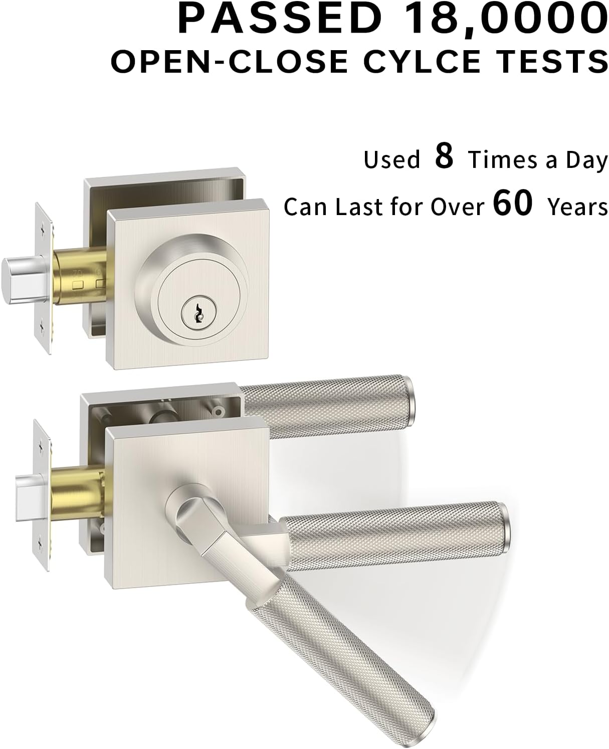 Asidrama Premium Brushed Satin Nickel Zinc-Alloy Front Door Lock Set: Double Cylinder Deadbolt, Heavy Duty Security Handleset for Left/Right Exterior Doors, Universal Entry Locks (2 Pack)