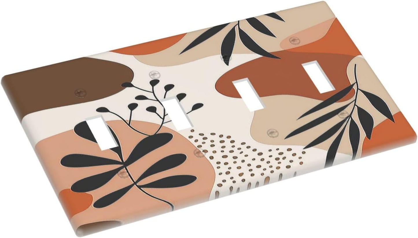Light Switch Covers Boho Botanical Orange Green Beige Minimalist Quad Toggle Electrical Faceplate 4 Gang Wall Plate Decorative Switch Plates for Bedroom living Room Decor