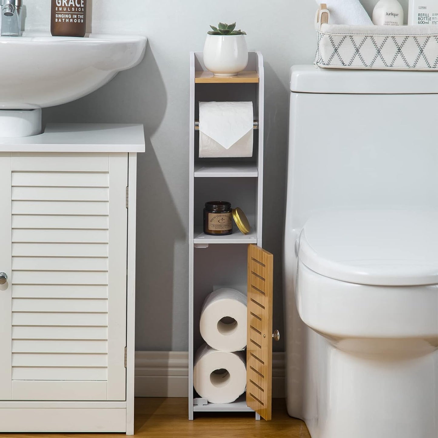 AOJEZOR Toilet Paper Holder Stand: Small Bathroom Storage Cabinet- White&Bamboo