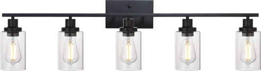 MELUCEE 40 Inches Length 5-Light Bathroom Vanity Light Fixtures Black Industrial Wall Sconce Lighting with Clear Glass Shade for Living Room Bedroom Hallway Kitchen (Patent No.: US D963914 S)