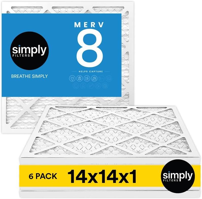 Simply 14x14x1 Air Filter, MERV 8, 6 Pack, For Home AC Furnace & HVAC (Actual Size: 13.75"x13.75"x0.75") DUST, Pet, & Allergy Control
