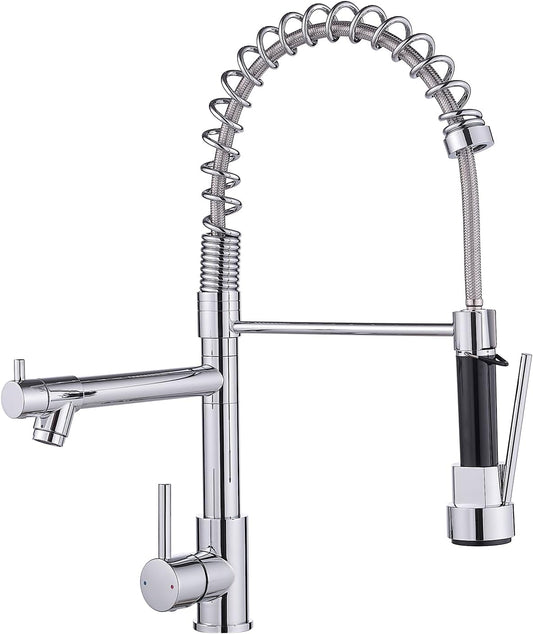 AIMADI Chrome Kitchen Faucet with Pull Down Sprayer,Dual Spout Design Modern Stainless Steel High Arc Kitchen Sink Faucet for Farmhouse Camper Laundry Rv Bar