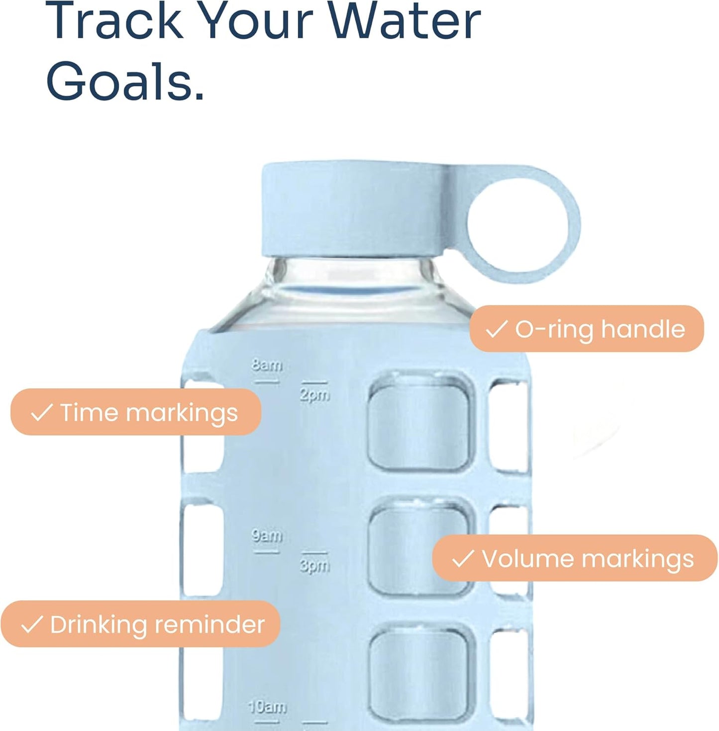 purifyou 40oz / 32oz / 22oz / 12oz Borosilicate Glass Water Bottle with Time & Volume Markers, Silicone Sleeve, Stainless Steel Lid | Reusable Glass Bottle for Water & Juice (40oz Ice Blue)