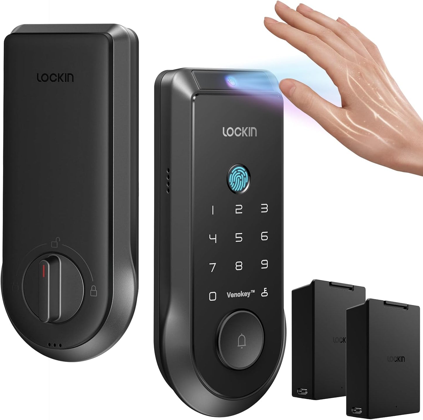Lockin Veno Smart Deadbolt Lock with Dual Swappable Batteries for 14-Month Extended Power, Palm Vein & Fingerprint Keyless Entry, Built-in Wi-Fi, Doorbell, App Remote Control, IP65 Waterproof