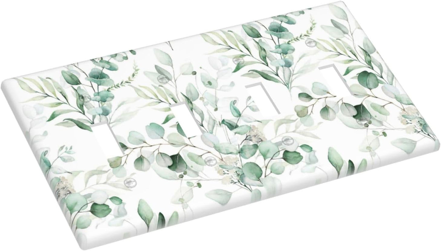 Boho Green Eucalyptus Leaf Floral Plants Flowers Light Switch Covers Quad Toggle Electrical Faceplate 4 Gang Wall Plate Decorative Switch Plates for Bed Room Living Room Decor