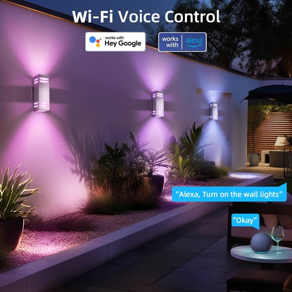 KIZON Smart RGB Outdoor Wall Light Dusk to Dawn, Voice & App Control Smart Porch Lights, Dimmable Up and Down Wall Sconce Stainless Steel Waterproof Exterior Light Fixture, Works with Alexa, 2 Pack