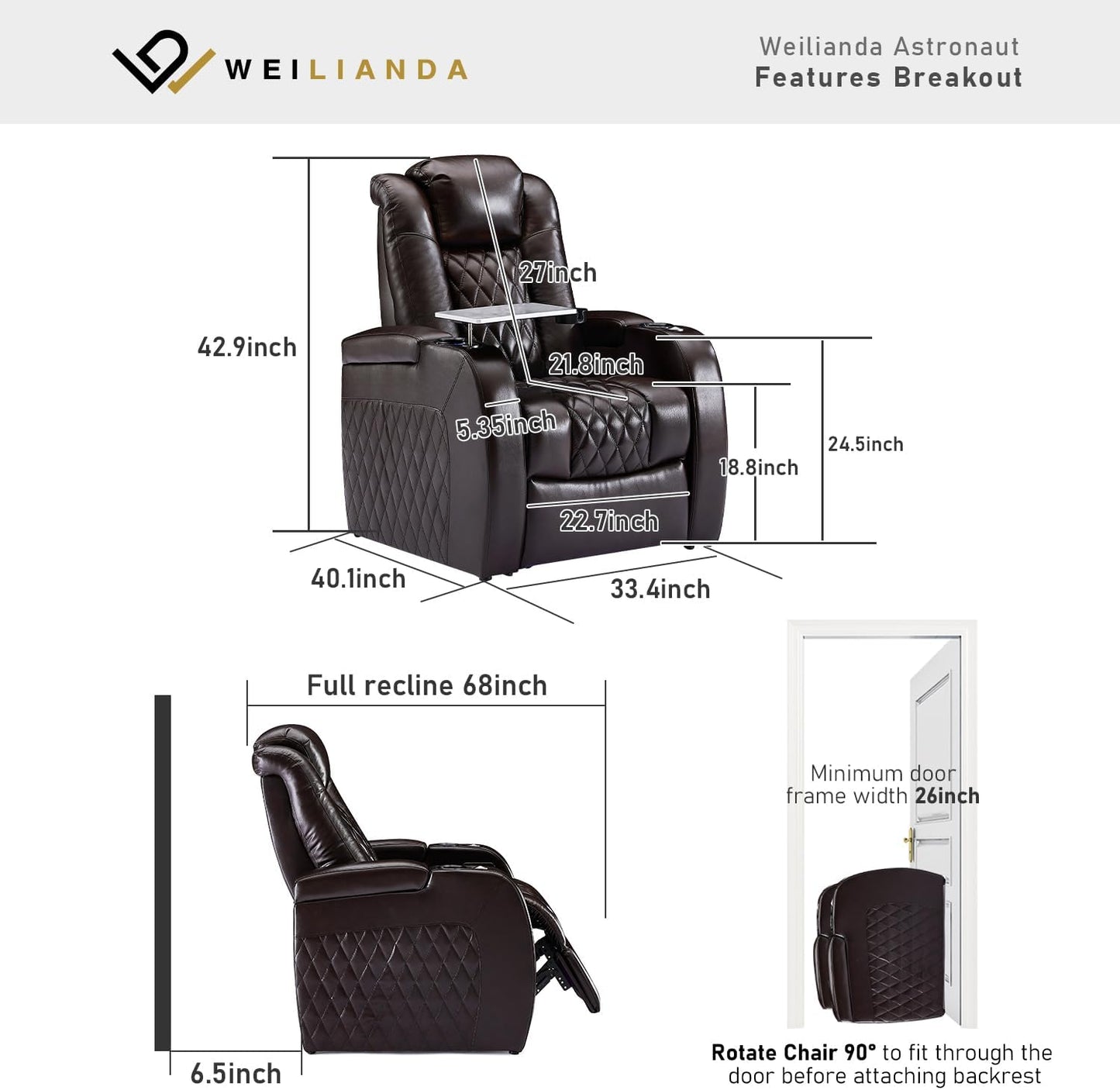 Weilianda Home Theater Seating Top Grain Leather Zero Gravity Recliner Chair Power Headrest Recline Movie Seat Gaming 7 Colors Mood Light Sofa with Tray Table USB Charge Row of 1 Brown