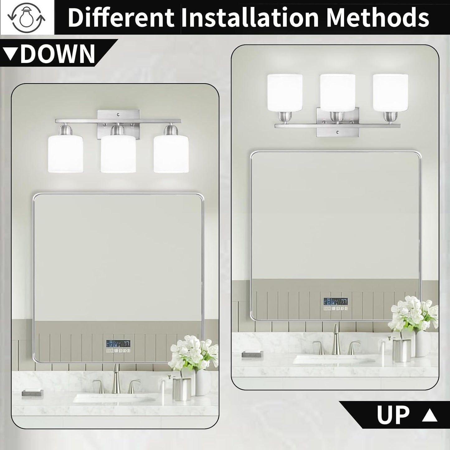Brushed Nickel Bathroom Light Fixture, 3 Light Vanity Lights for Bathroom, Bath Lights with Milky White Frosted Glass Shades, E26 Socket