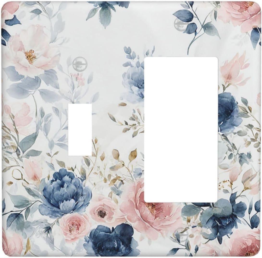 Elegant Watercolor Pink Blue Flowers Floral 2 Gang Combo 1 Toggle 1 Rcoker Light Switch Covers Decorative Switch Plates Electrical Switch Plates and Outlet Covers for Home Art Decor 4.5 X 4.5 IN