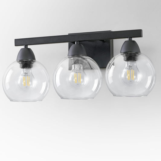 Bathroom Light Fixtures, 3-Light Matte Black Vanity Light with Hand-Blown Thick Glass Shades, Premium Clarity & Shatter-Resistant, Wall Sconces for Mirror, Kitchen, Bedroom