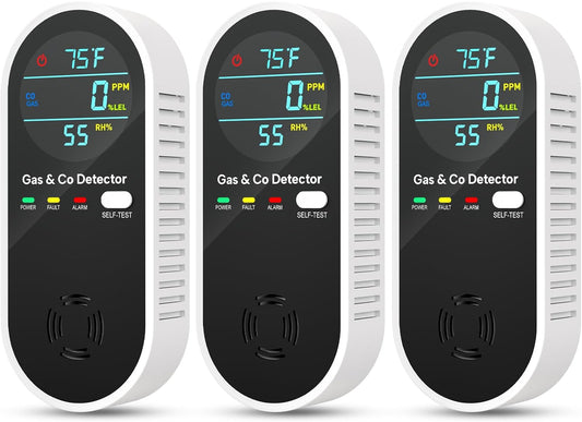 Upgraded Natural Gas Leak Detector & Carbon Monoxide Detectors - 4 in 1 Natural, Propane, Co & Gas Detector -Carbon Monoxide Detectors Plug in -Temperature & Humidity for Home, RV (3 Packs)