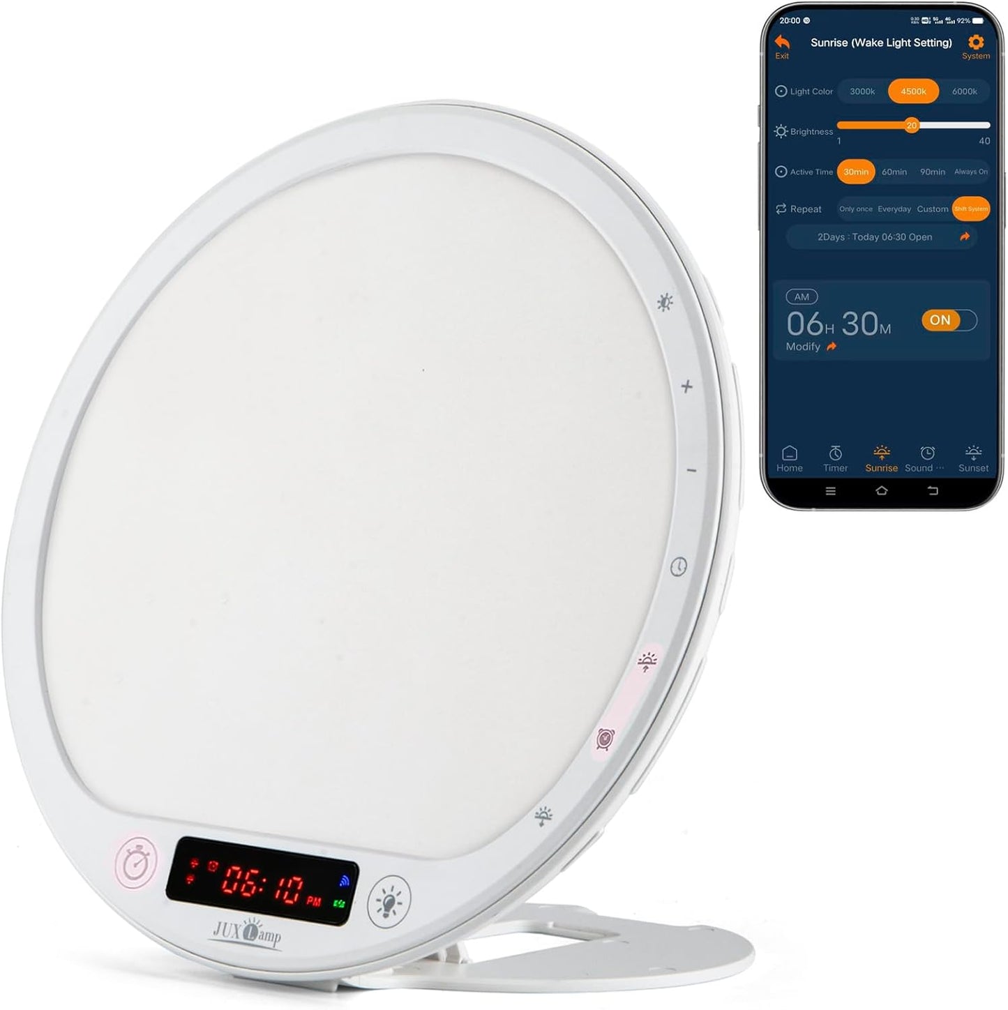 Light Therapy Lamp Sunrise Alarm Clock Wake up lamp 10000 lux UV-Free Sun lamp Bioclock Adjustment APP Control Portable No Built-in Lithium Battery