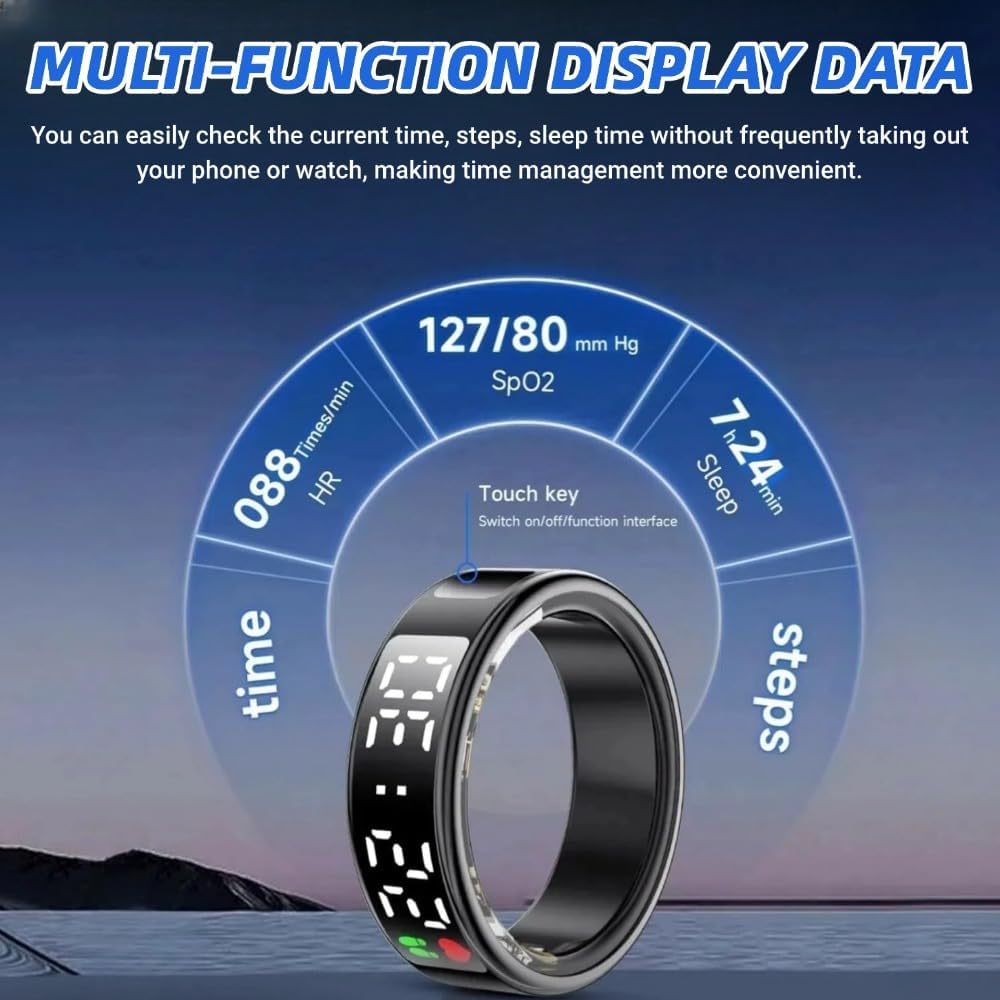 Smart Ring Health with LED Display Screen, Activity Tracker/Heart Rate/SpO2/Sleep/Step, Bluetooth Connection Smart Rings for Women Men, IP68 Waterproof Smart Ring for iPhone & Android (Black, 12)