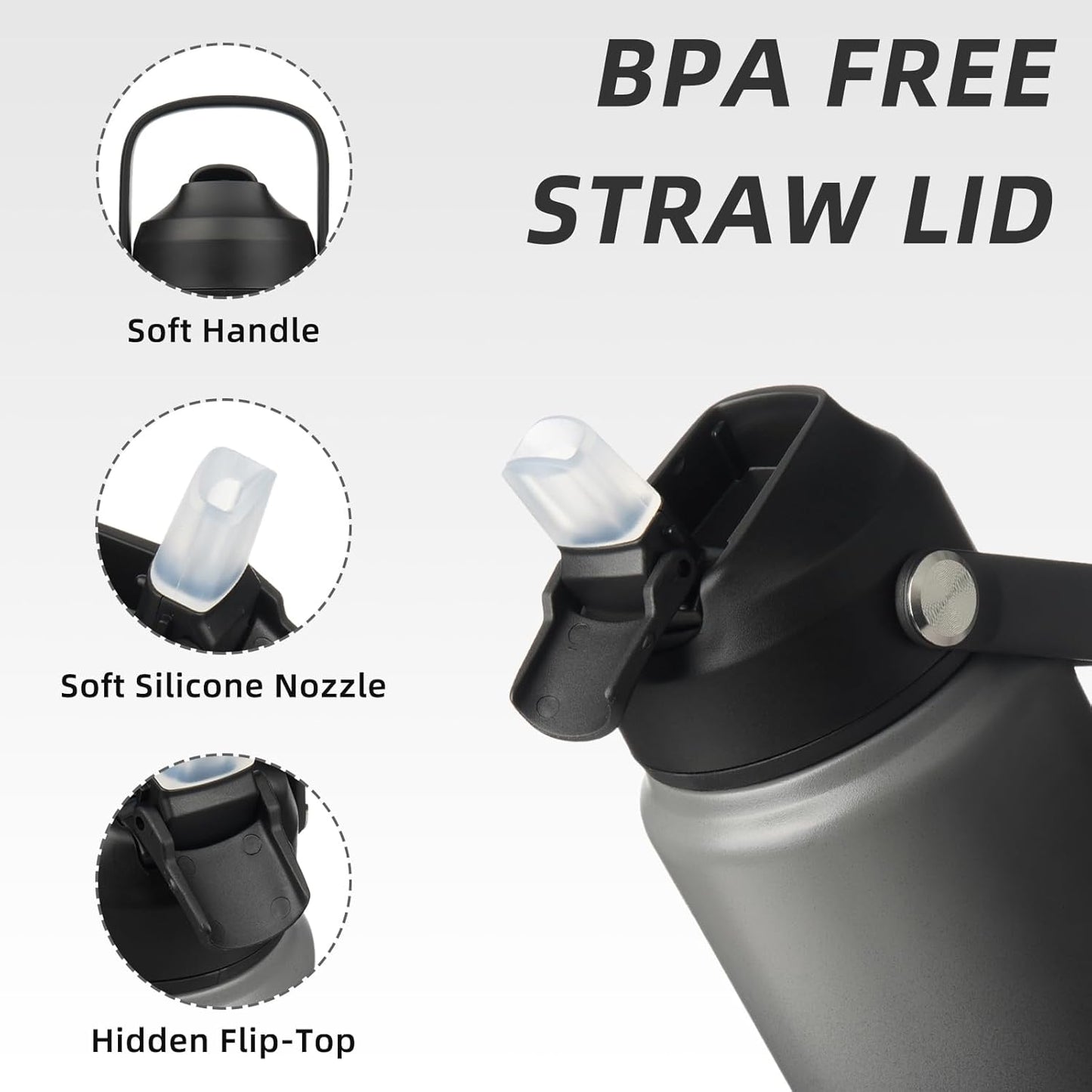 BJPKPK Water Bottle with Straw Lid, 24oz Vacuum Insulated Water Bottles, Metal Stainless Steel Thermo for Sports, Travel, BPA Free Leak Proof Thermo, Cups, Flasks, Tumblers,Black Grey