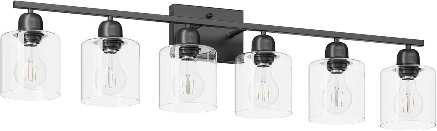 Bath Vanity Lights For Mirror, Restroom Lights Fixtures With Milky White Frosted Glass Shades,Bathroom Over Sink Light Fixtures, Bathroom Light Fixtures Over Mirror (Black with clear glass, 6-Light)