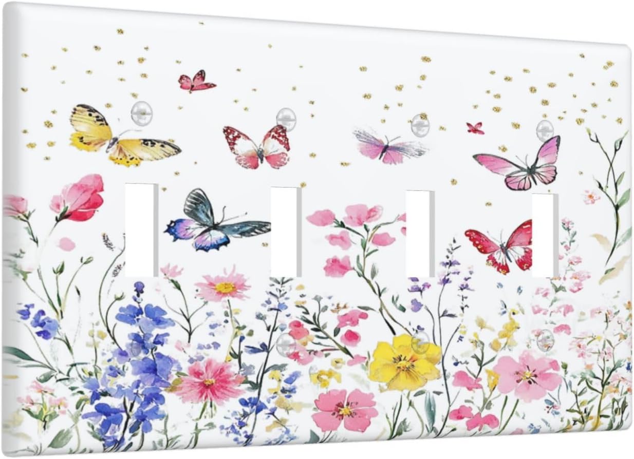 Light Switch Covers Watercolor Floral Butterfly Colorful Wildflower Quad Toggle Electrical Faceplate 4 Gang Wall Plate Decorative Switch Plates For Bed Room Living Room Decor
