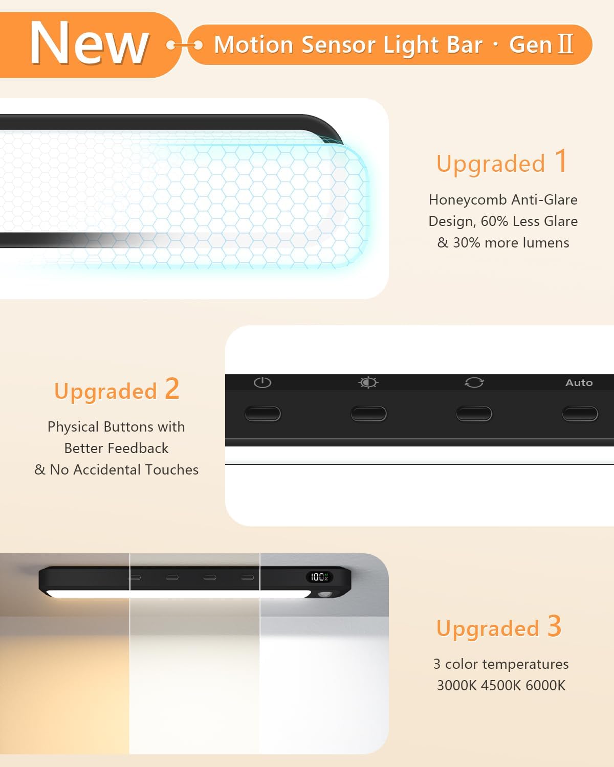 WILLED Under Cabinet & Closet Lights, Motion Sensor, Rechargeable, Magnetic, 3 Color Temps, Dimmable LED Light Bar for Indoor Kitchen Counter (4 Pack, Black)
