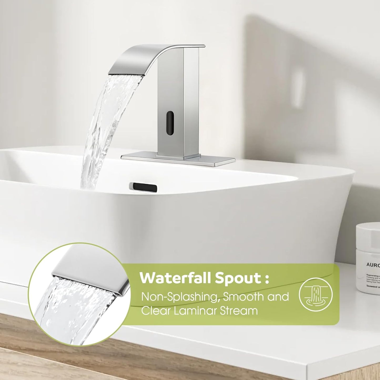 Automatic Motion Sensor Faucet with Waterfall Spout,Stainless Steel Sink Faucet with Hole Cover Plate (Regular, Chrome)