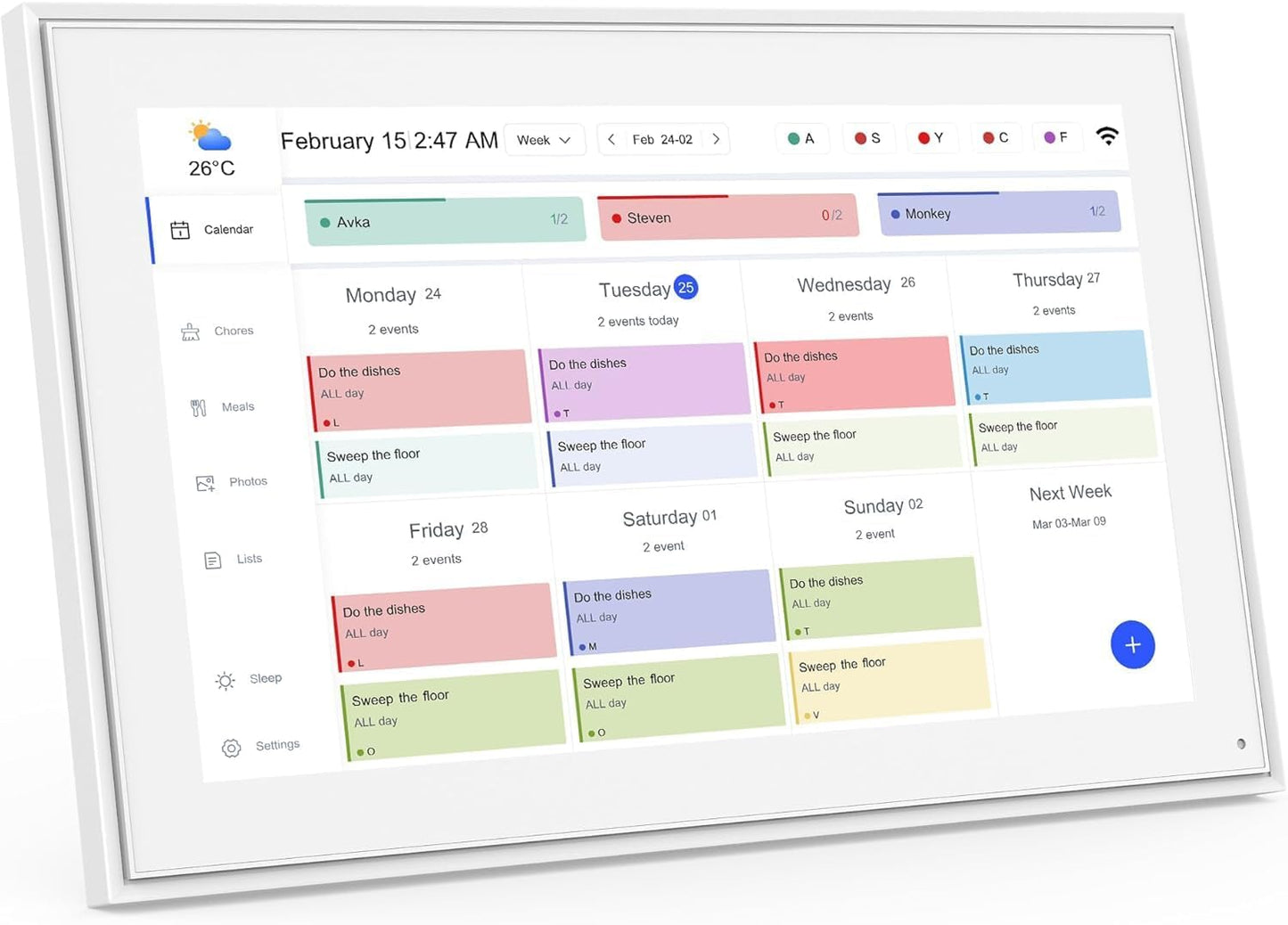 15.6 Inch Digital Calendar with Wall Mount Option, HD Touchscreen Planner, Wi-Fi sync, Color Coded Scheduling, Meal Planning, Chore Chart for Family and Home Organization