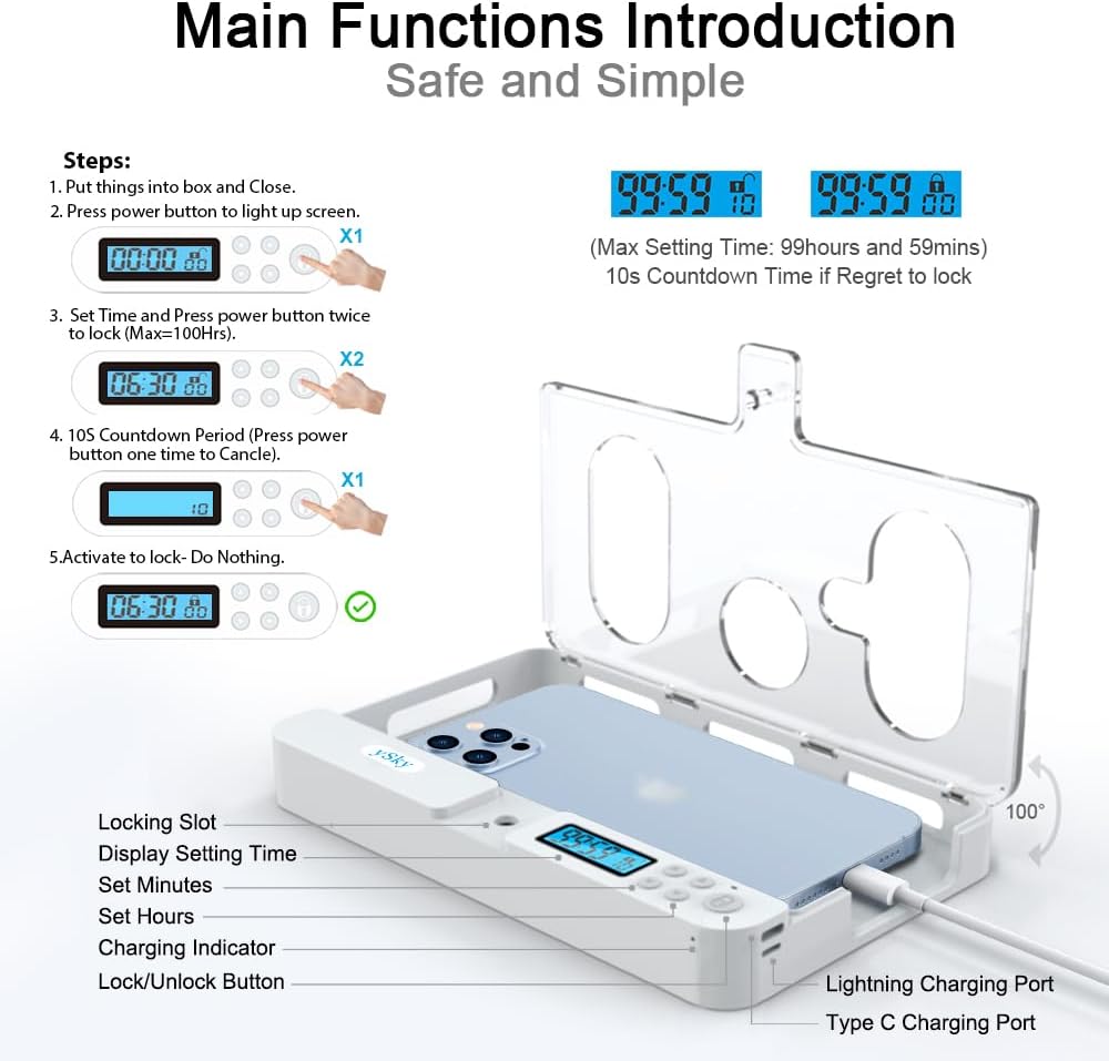 ySky Portable Phone Lock Box with Timer for iPhone and Android Phones, Self-Control Timed Phone Jail Locker to Help Kids,Students, Adults Focus Back, Unplug from Phones Boost Your Mental Wellness