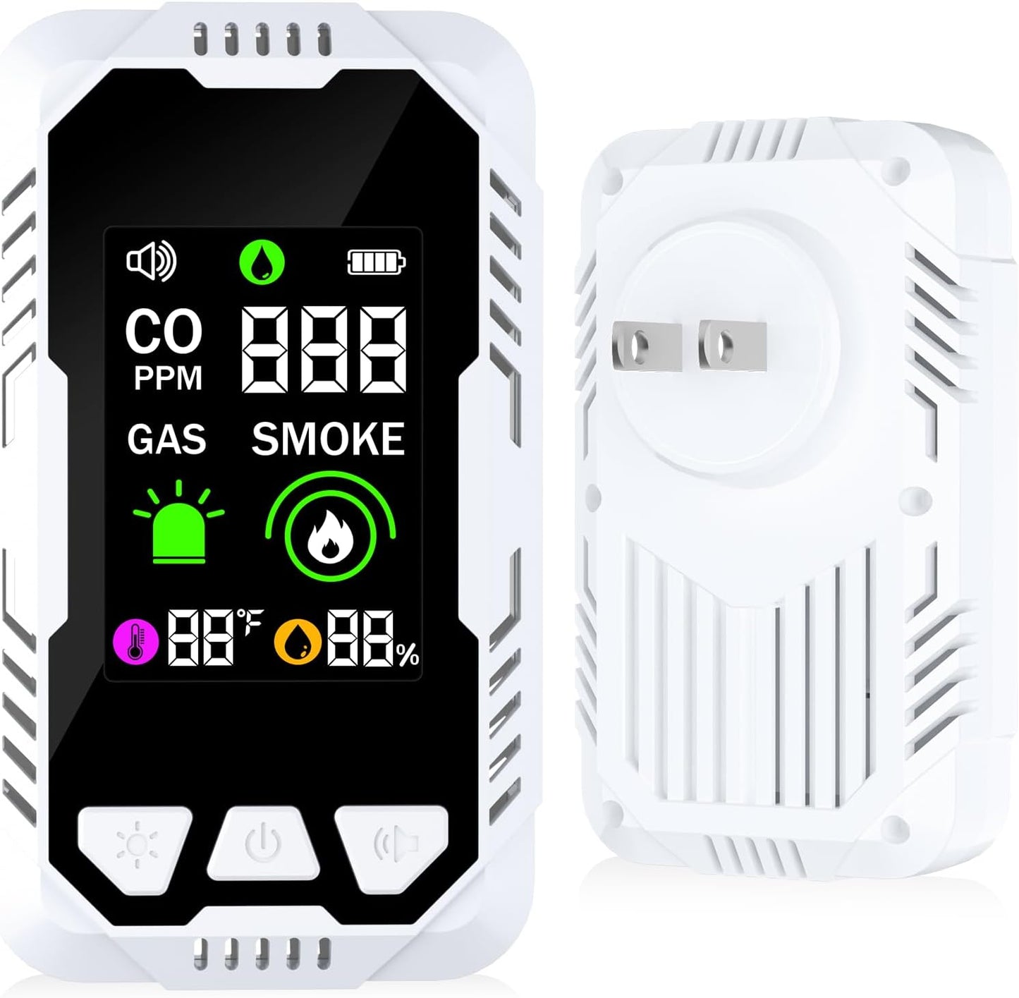 5-in-1 Carbon Monoxide Detector Combo with LCD Display, Detects CO, Natural Gas, Smoke, Temperature, Humidity for Home Hotel, Camping RV, Apartment Safety, Plug-in Monoxide Alarm HD Screen 1 Pack