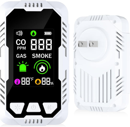 5-in-1 Carbon Monoxide Detector Combo with LCD Display, Detects CO, Natural Gas, Smoke, Temperature, Humidity for Home Hotel, Camping RV, Apartment Safety, Plug-in Monoxide Alarm HD Screen 1 Pack