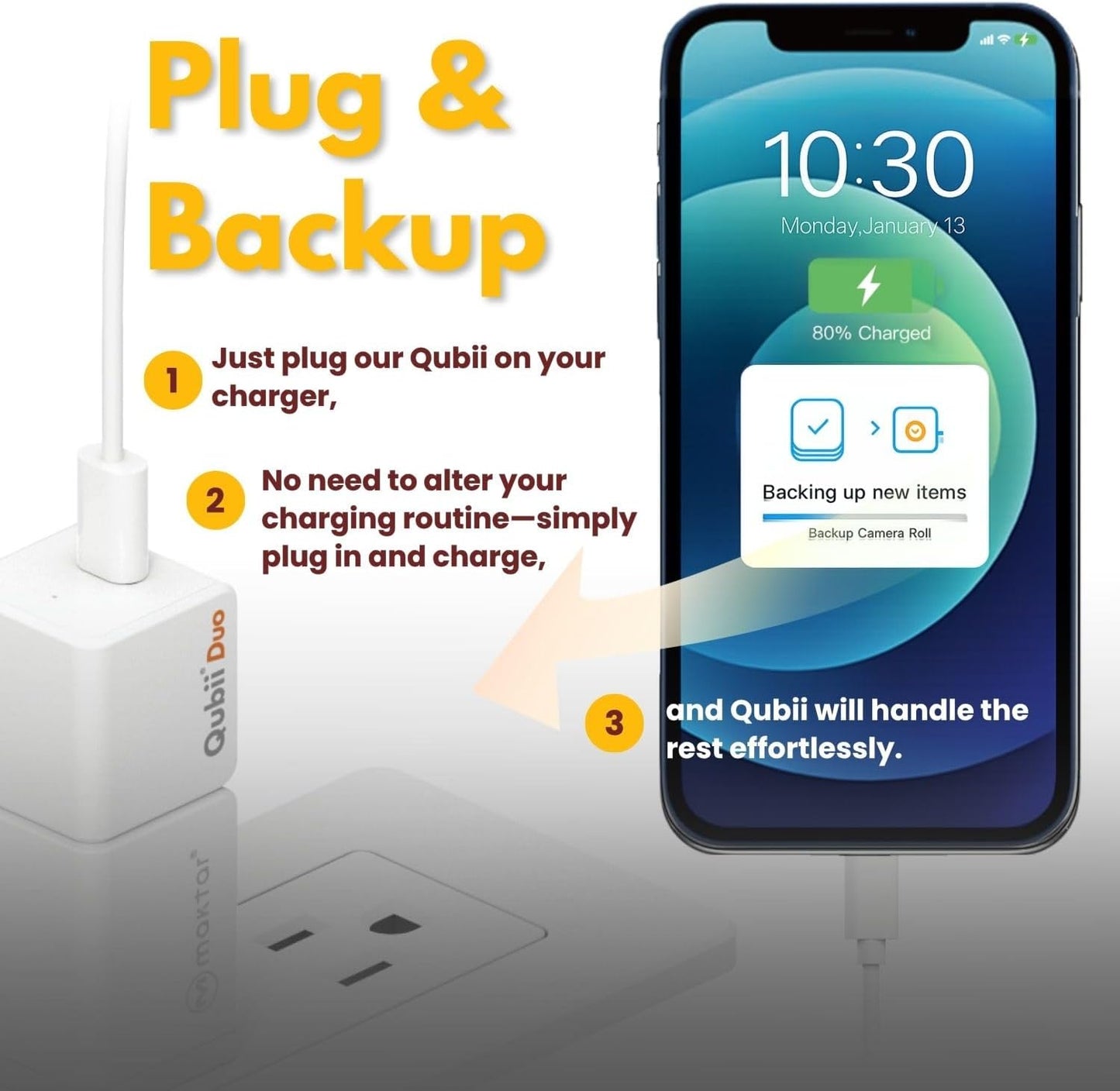 MAKTAR Qubii Duo Automatic Backup Cube with USB-C Cable and 128GB microSD Card, for iPhone/Android Photo and Video Backup